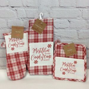 Christmas Red & White Plaid 3 Pc Kitchen Set Dish Towel/Pot Holder/Oven Mitt NWT